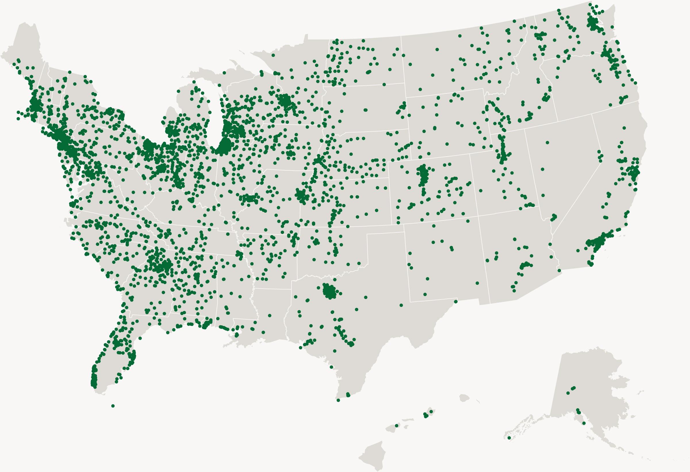 map view of Arbor Day Foundation's community planting partners in the United States